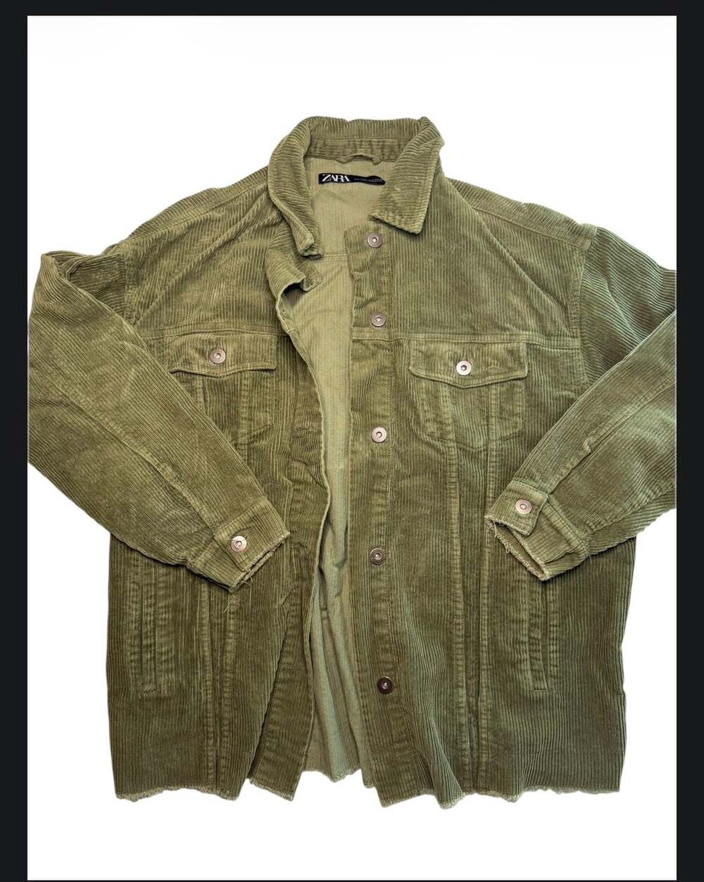 Zara Olive Green Corduroy Overshirt Jacket with Raw Hem